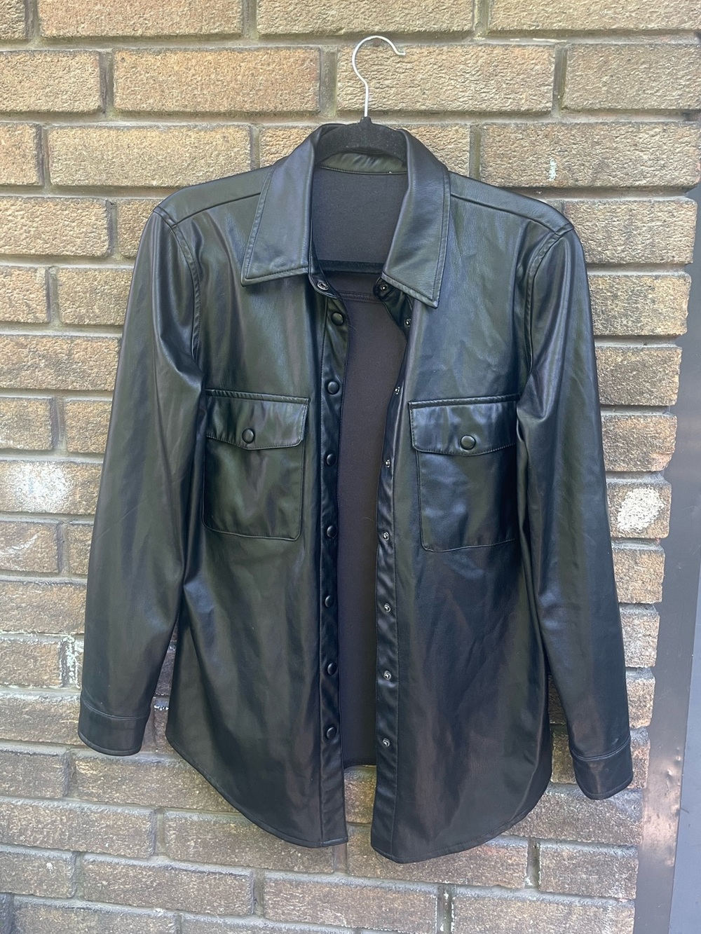 Black Faux Leather Button-Front Shirt Jacket